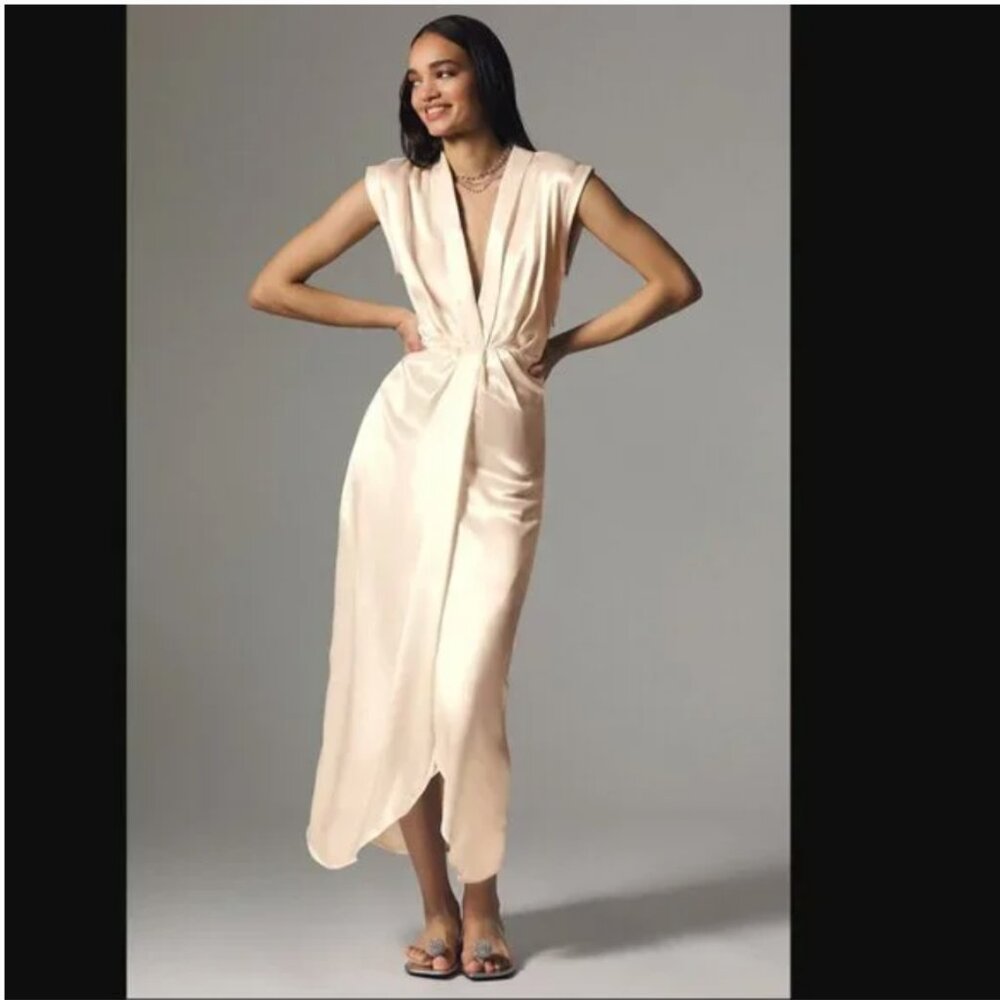 By Anthropologie Sleeveless V-Neck Twist-Front Satin Midi Dress Cream Women's 2